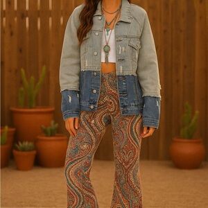 Boho Button Closure Pockets Two-Tone Denim Jacket